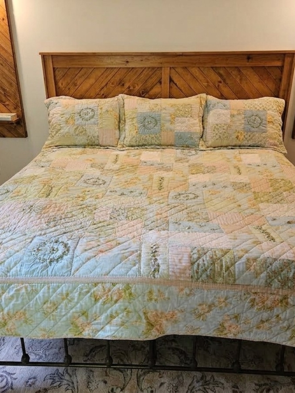 Patchwork Pastel Quilt Set With 3 Shams in Soft Blue, Cream & Pink